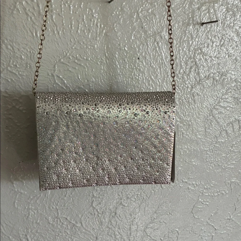 Gunne Sax Silver Rhinestone Evening Clutch with Chain